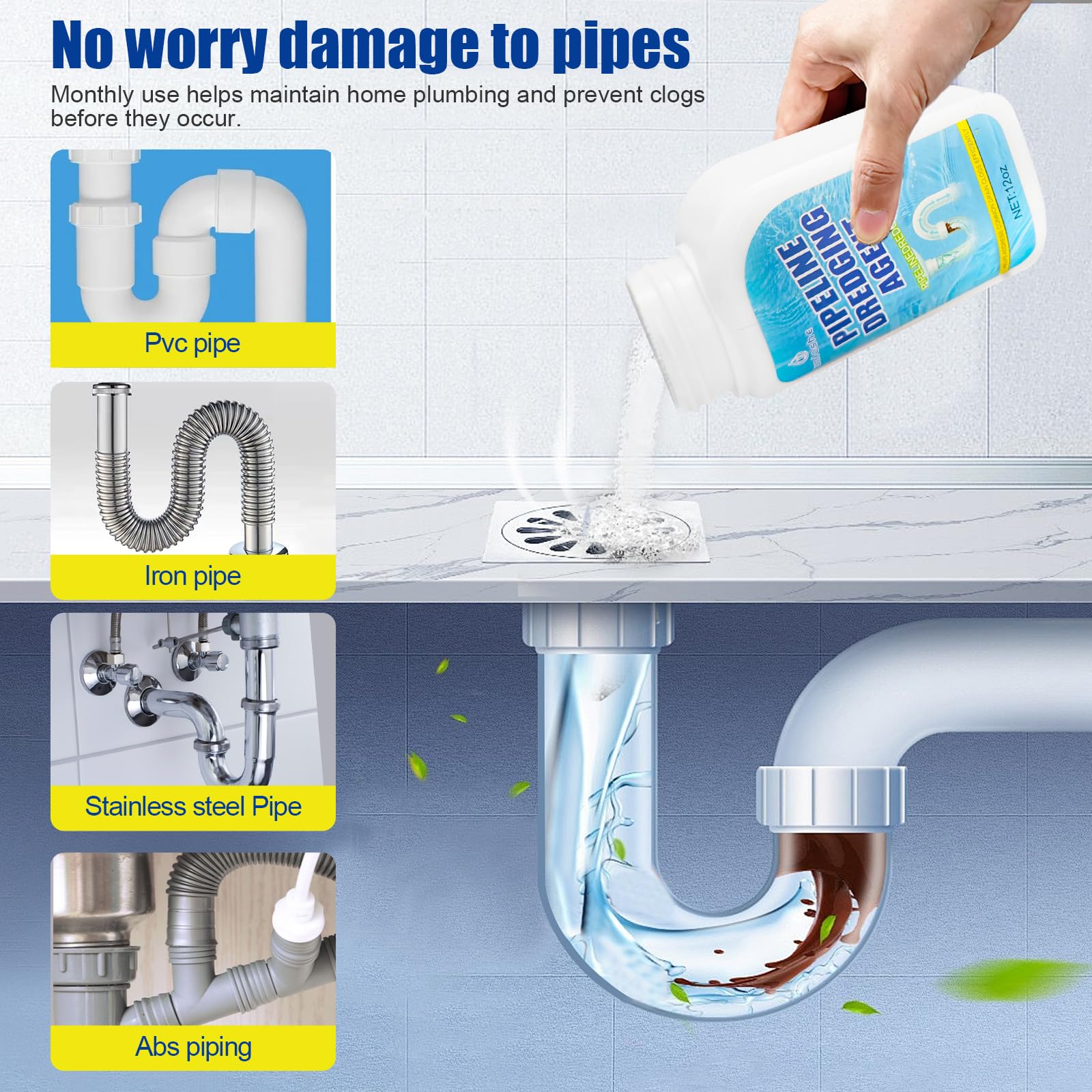 Pipeline Dredging Agent, Drain Clog Remover, Powerful Sink Drain Cleaner for Bathroom and Kitchen Sink Pipe Unclog (1PCS)