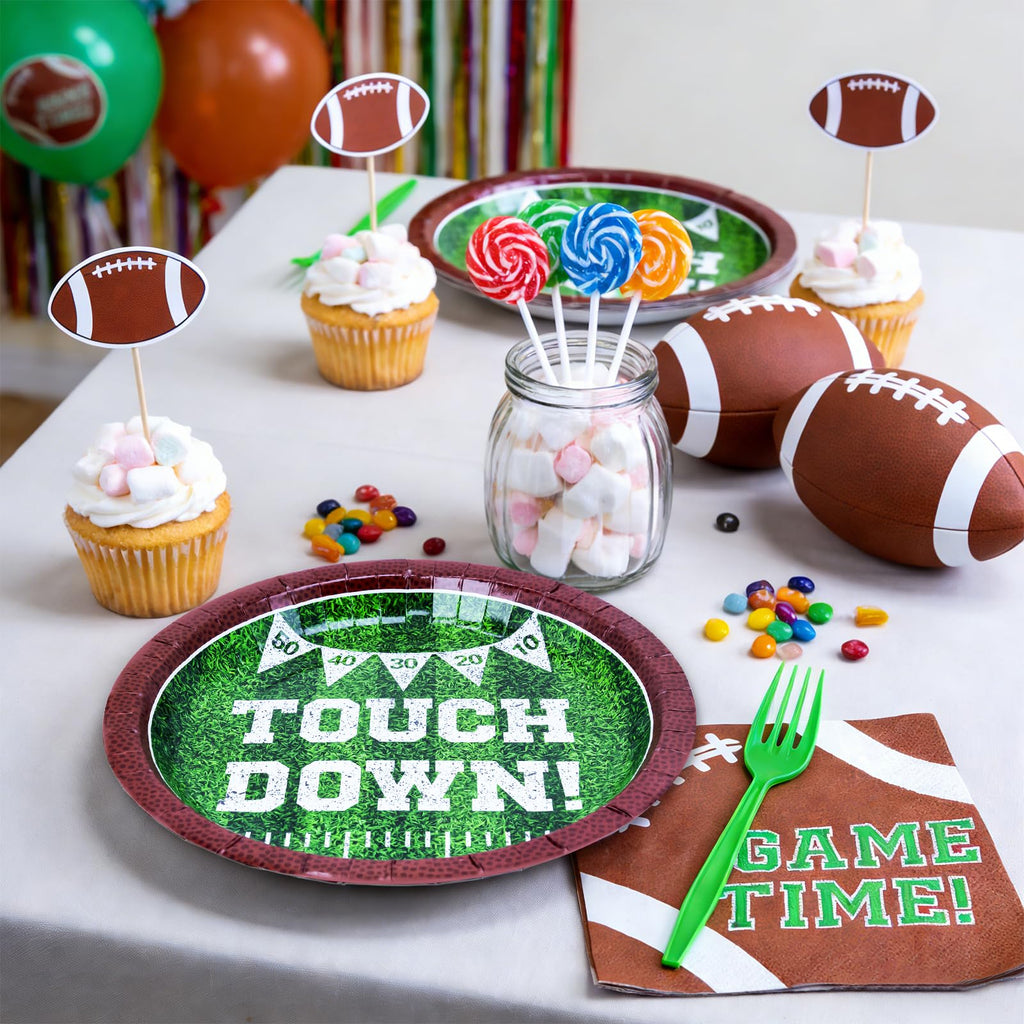 YY 10" Football Party Paper Plates Set Disposable Dinner Plates Serve 20 with 13" Napkins, Forks