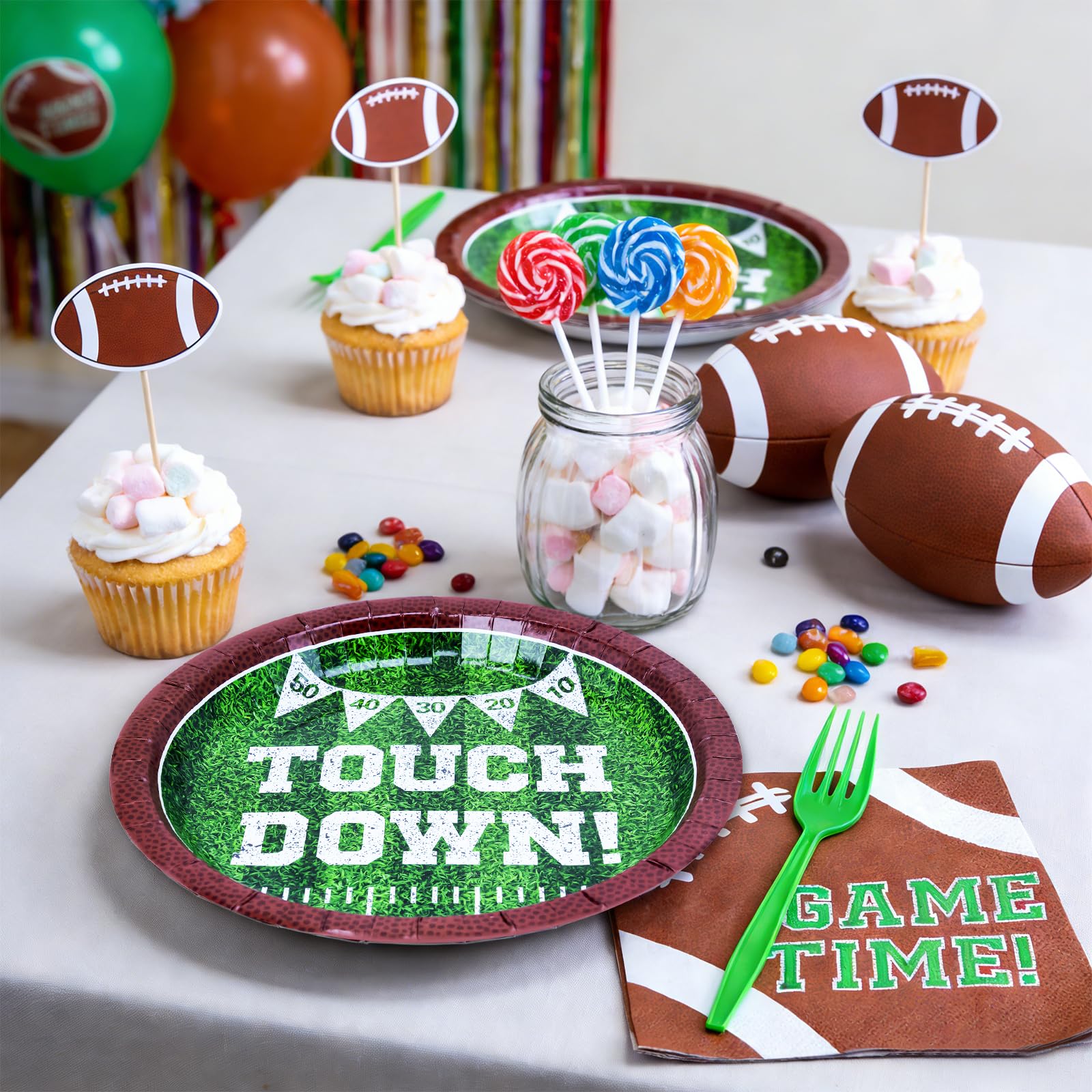 YY 10" Football Party Paper Plates Set Disposable Dinner Plates Serve 20 with 13" Napkins, Forks