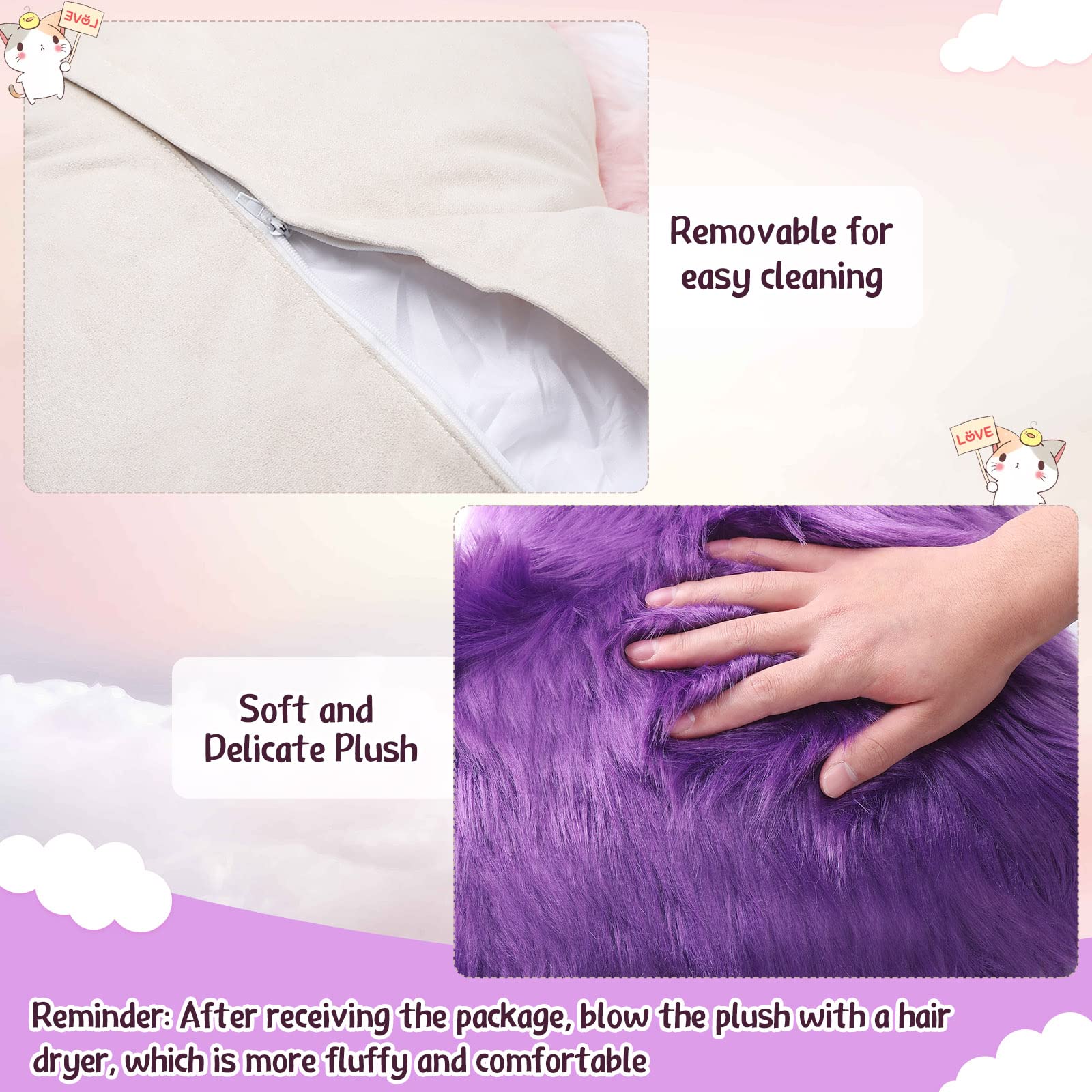 Enhon 2 Pcs Fluffy Heart Pillows Faux Fur Heart Shaped Plush Pillow Soft 20 x 15.7 Inch Love Throw Pillows with Insert for Decorative Office Home Bedroom Living Room Sofa(Violet)