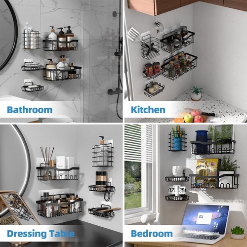 Adhesive Shower Caddy, Rustproof Stainless Steel Bathroom Organizer, Black, 5 Piece Set with 2 Shower Caddies, 2 Soap Holders, 1 Toothbrush Holder