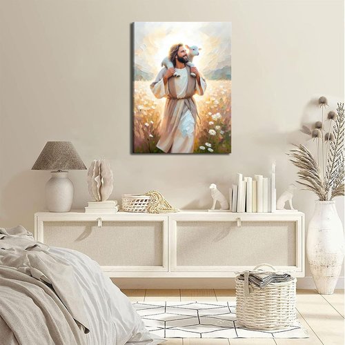 GKQNMU Jesus Carrying The Lamb Canvas Wall Art - Christ The Good Shepherd Decor | Ready To Hang for Living Room & Bedroom