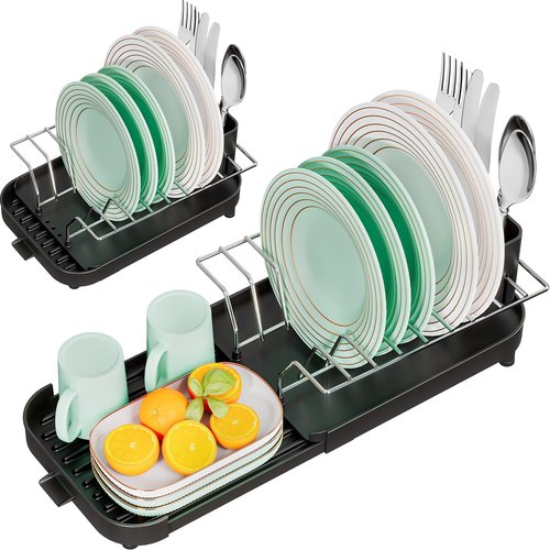 Small Dish Drying Rack - Expandable Compact Dish Drainer (12"-18.5") , Narrow Dish Rack for Kitchen Counter with Cutlery Holder, Space Saving Plate Rack, Dishes Holder Tray for Sink Countertop, Black