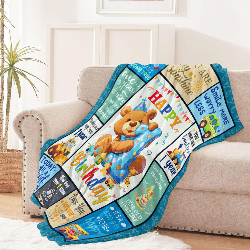 CIUGOIG 1 Year Old Boys Gifts, Happy 1st Birthday Blanket 50"x40", 1st Birthday Gifts for One Year Old Boys, Baby Boy First Birthday Gift Ideas, Teddy Bear 1st Birthday Decorations for Boy Blanket