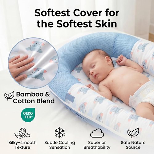 JollyBoo® Deluxe Infant Lounger Pillow - Portable Bamboo-Cotton Baby Nest with Sunshade & Toys | Soft, Breathable Mesh for Ages 0-24 Months (Blue Elephant)