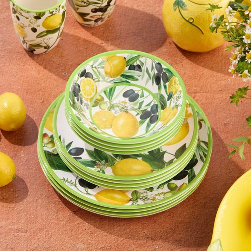 Limone 12-Piece Melamine Dinnerware Set - Citrus-Inspired, Service for 4, Durable, Shatterproof, Dishwasher-Safe Plates and Bowls for Everyday Dining, Outdoor Use, and Entertaining
