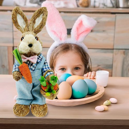DearSun 14" Easter Bunny Figurine - Blue Sisal Rabbit Holding Carrots | Spring Table Decor for Home & Garden