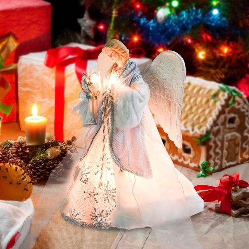 Yinns Angel Tree Topper with Lights, Christmas Tree Toppers Decorations, Angel Tree Toper for Christmas Ornament or Indoor Home Table Top Decor,12-Inch Lighted Angel Tree Toppe Bule