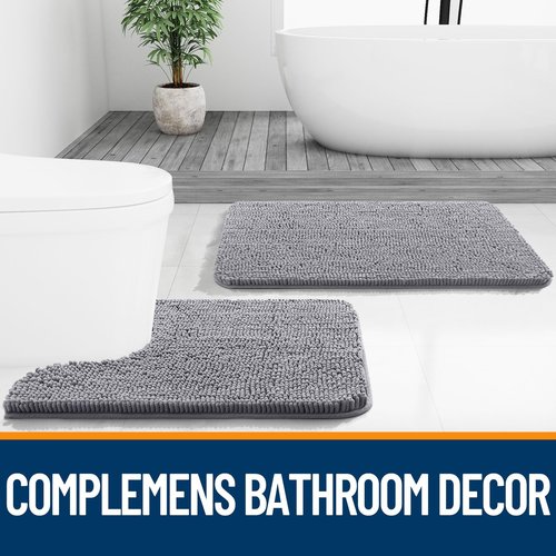 OLANLY Bathroom Rugs Sets 2 Piece, Soft Absorbent Chenille Bath Mats Area Rug Set, Non-Slip, Quick Dry, Machine Washable Bath Mats for Bathroom, Home Decor Accessories (30"x20"+24"x16", Grey)