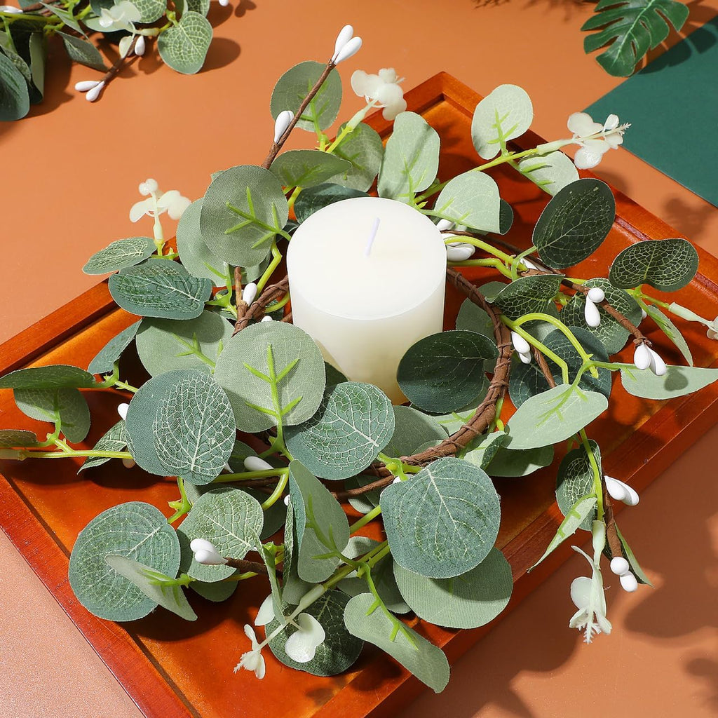 Zerodeko Easter Candle Ring Set - Eucalyptus Leaves Wreath Pillar Holders | 8cm Table Decor