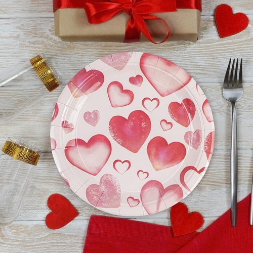 PUEVENYI 50PCS Valentine's Day Paper Plates - 7Inch Pink Heart Love Print Dessert Plates for Cake Salad Fruit Pizza,Disposable Decoration Supplies for Valentine's Wedding Anniversaries Birthday Party