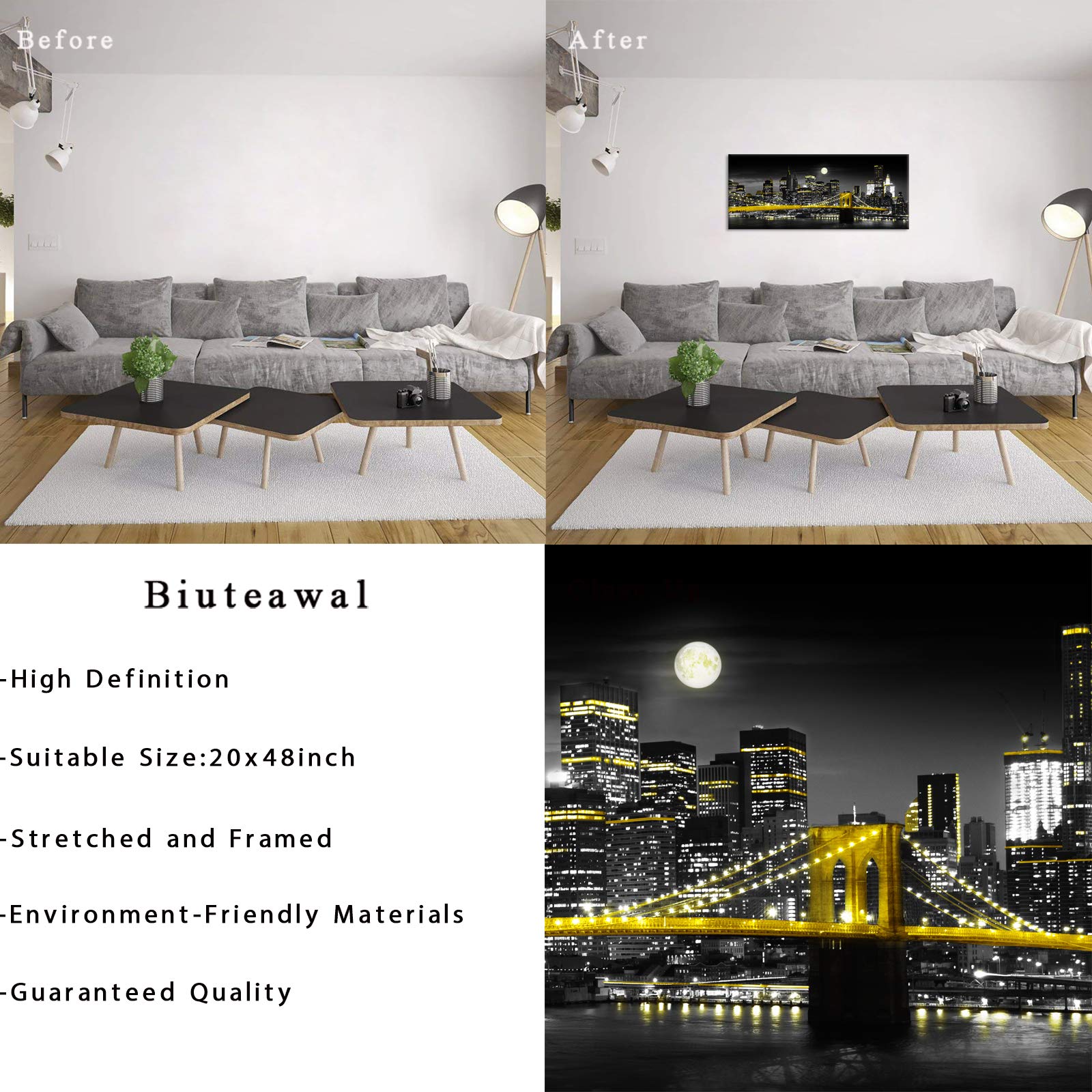 Biuteawal Black and White Yellow Canvas Print New York City Brooklyn Bridge at Moon Night Picture Photo Painting Cool Manhattan Skyline Artwork Modern Home Office Wall Decoration Ready to Hang
