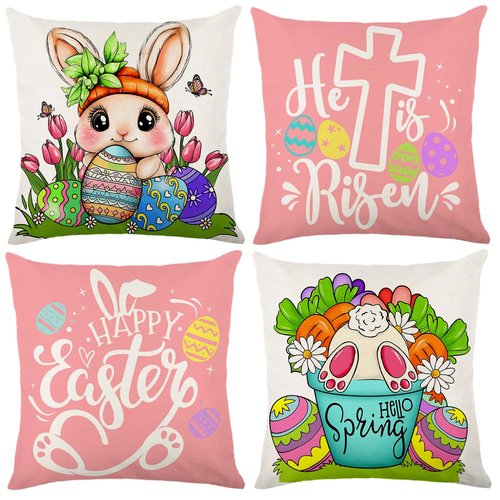 Easter Pillow Covers 18x18 Set of 4 Easter Eggs Decorations Stripe Hello Peeps Bunny Hip HopTruck Throw Pillows Cases Spring Farmhouse Party Decor