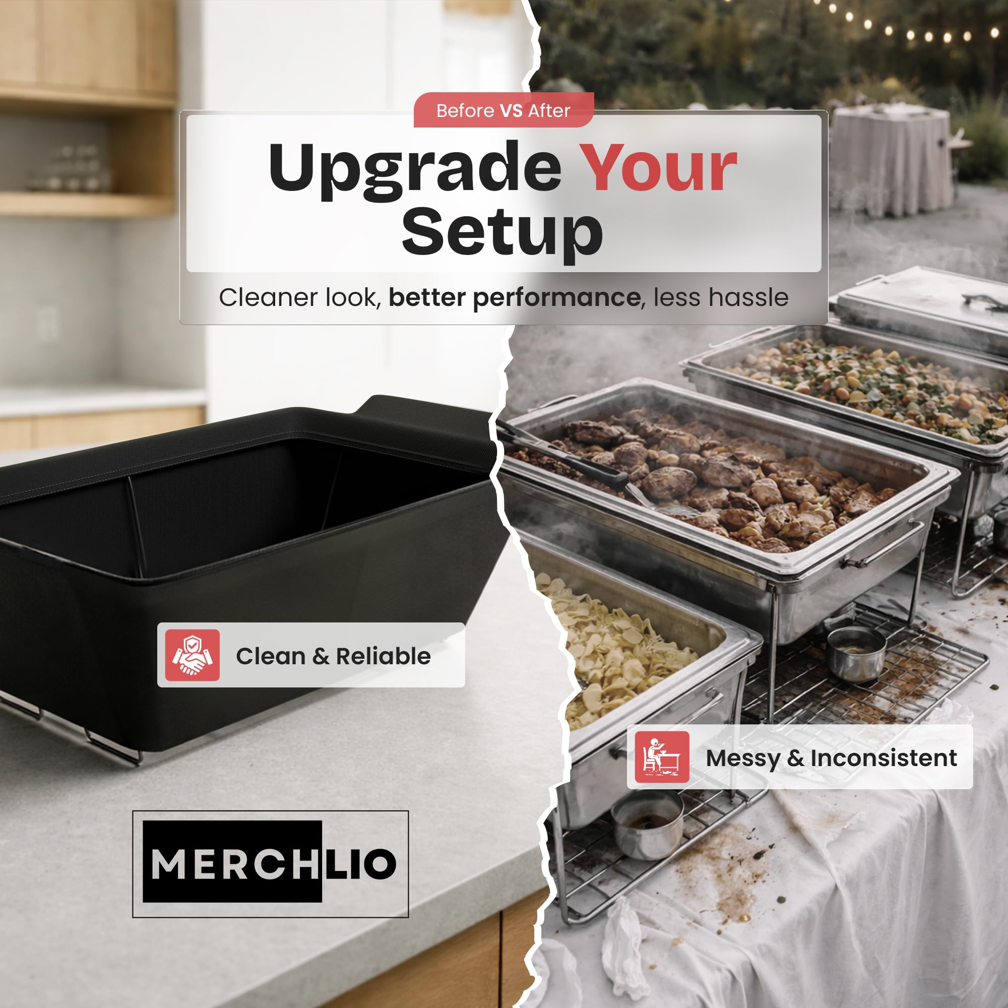 Chafer Wind Guard by Merchlio- 4 Pack | Handle Covered Chafer Dish Covers | Fitted, Washable & Elegant Buffet Decor | Functional Catering Wind Guard | Black