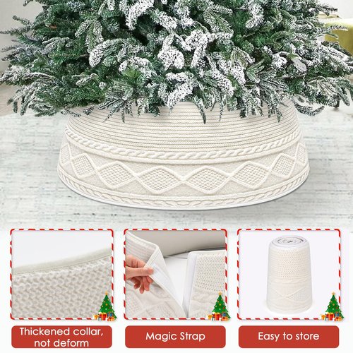 Malier Christmas Tree Collar, 30’’ Knit Xmas Tree Collar, Christmas Tree Collars for Artificial Trees, 11" Extra Tall Tree Stand Base Cover Ring Skirt for 6 ft 9 ft Tree (White, 11''H × 30" W)