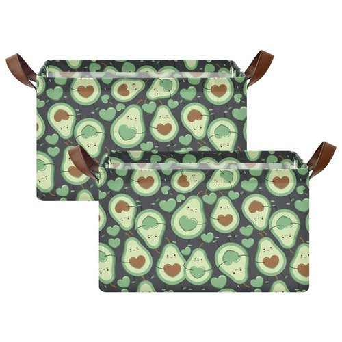 YNNALE Avocado Green Happy Fruit Storage Bins for Shelves with Labels&Handles Fabric Organizer Bin Foldable Rectangle Storage Basket Boxes for Closet, Bathroom, Home, Living Room, 2 Pack