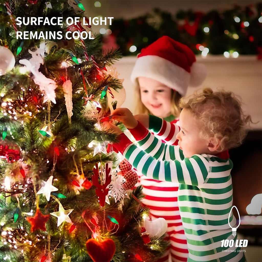 WATERGLIDE C6 100 LED Christmas String Lights - 33ft Waterproof Fairy Lights for Indoor/Outdoor Decor | Red & Green