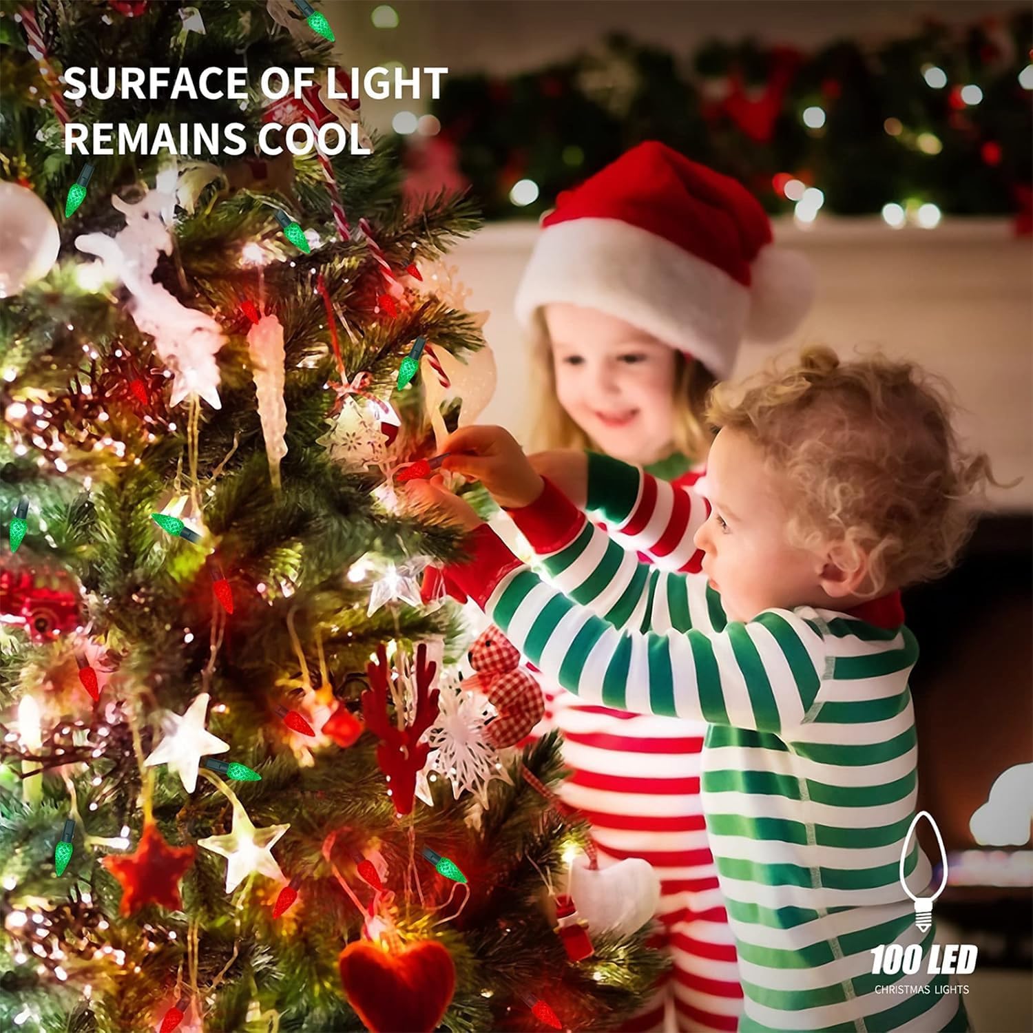 WATERGLIDE C6 100 LED Christmas String Lights - 33ft Waterproof Fairy Lights for Indoor/Outdoor Decor | Red & Green