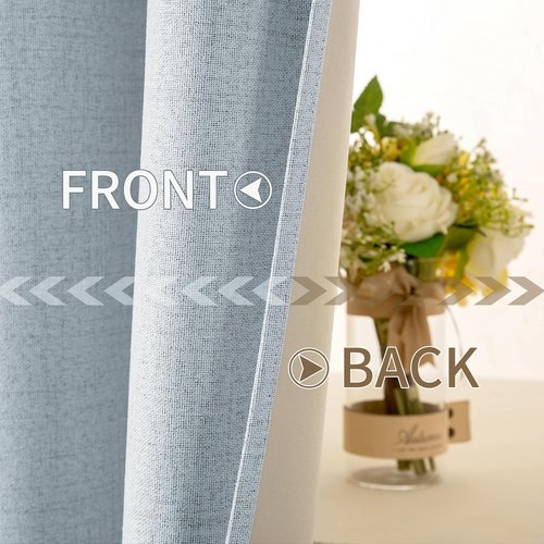 MIULEE 100% Blackout Linen Textured Curtains - Thermal Insulated Chambray Blue | 52 x 108 Inch (2 Panels) for Luxury Bedroom Decor