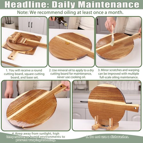 2 Pack Acacia Wood Cutting Board with Stand, Charcuterie Boards for Kitchen, Round & Rectangular Wooden Cutting Board Set for Cheese, Meat, Pizza, Vegetables, Bread(16 x 12 Inch)
