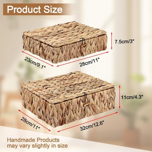 Natural Water Hyacinth Basket Set by [Brand Name] - Handwoven Rectangular Bins with Lids for Stylish Home Organization