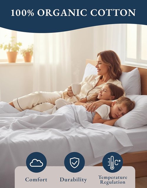 LANE LINEN 100% Organic Cotton Full Sheet Set - Soft, Fade Resistant & Naturally Cooling Bedding | Blue Ticking Stripe