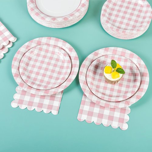 175Pcs Pink Gingham Party Supplies Pink Gingham Paper Plates and Napkins Cups Checkered Plates Disposable LightPink and White Plaid Party Decor for Birthday Family Fall Picnic BBQ,Serves 25 Guests