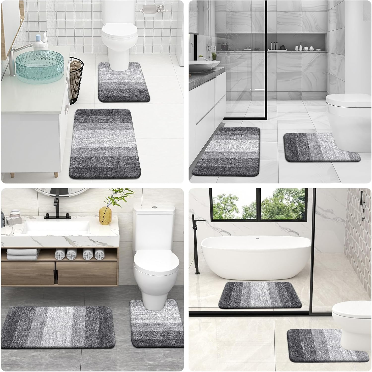 OLANLY Bathroom Rug Set - Soft, Absorbent Microfiber Mats & U-Shaped Contour Rug | 3-Piece Grey Set (30"x20"+24"x16"+24"x20")