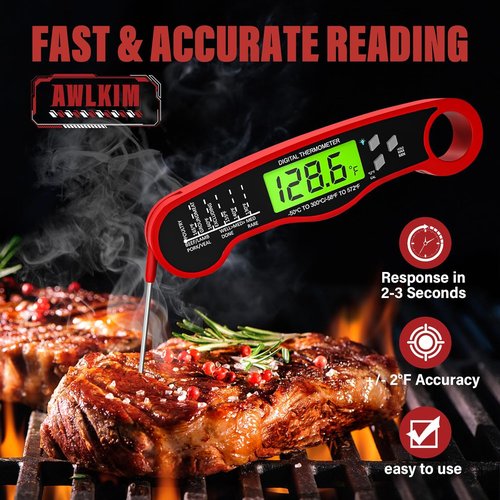 AWLKIM Digital Meat Thermometer - Instant Read Waterproof Cooking Thermometer with Backlight - Red