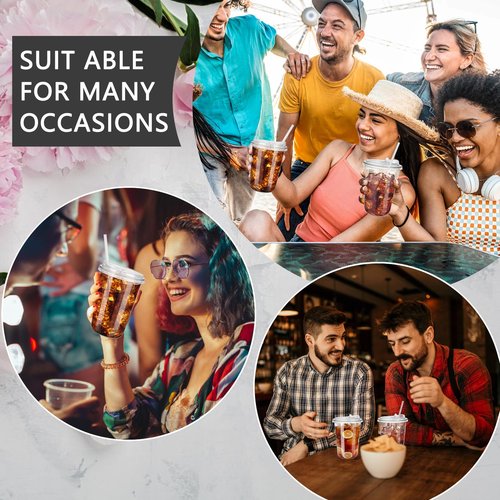 MOQRUAO 100 Sets 16oz Disposable Stemless Plastic Cups with Strawless Sip Lids, Clear PET Coffee Cups for Iced Coffee, Cold Drinks, Halloween, Christmas, Party and Drink Shop Supplies (Clear (16oz))