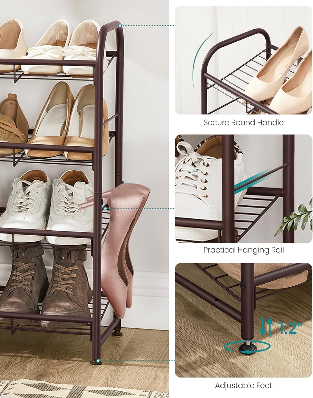 SONGMICS 4-Tier Stackable Shoe Rack - Adjustable Metal Storage Shelf for 16 Pairs | Bronze Finish