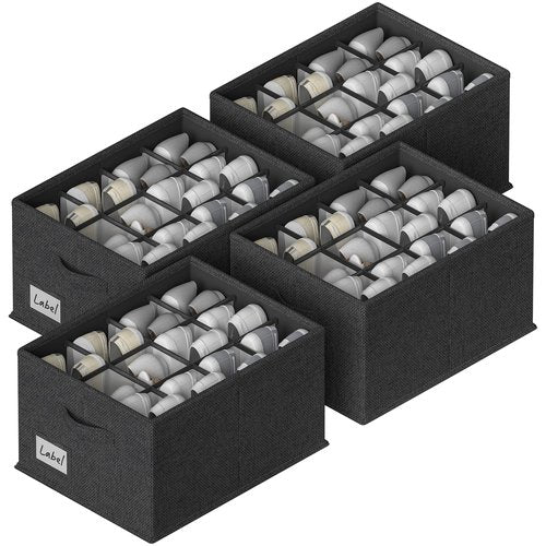 FHSQX 4 Pack Shoe Organizer for Closet,Foldable Shoe Organizer,Fits up to 48 Pairs,Storage Containers With Bottom Support for Shoes (Black, (16.5 * 12.6 * 9.5) x4)