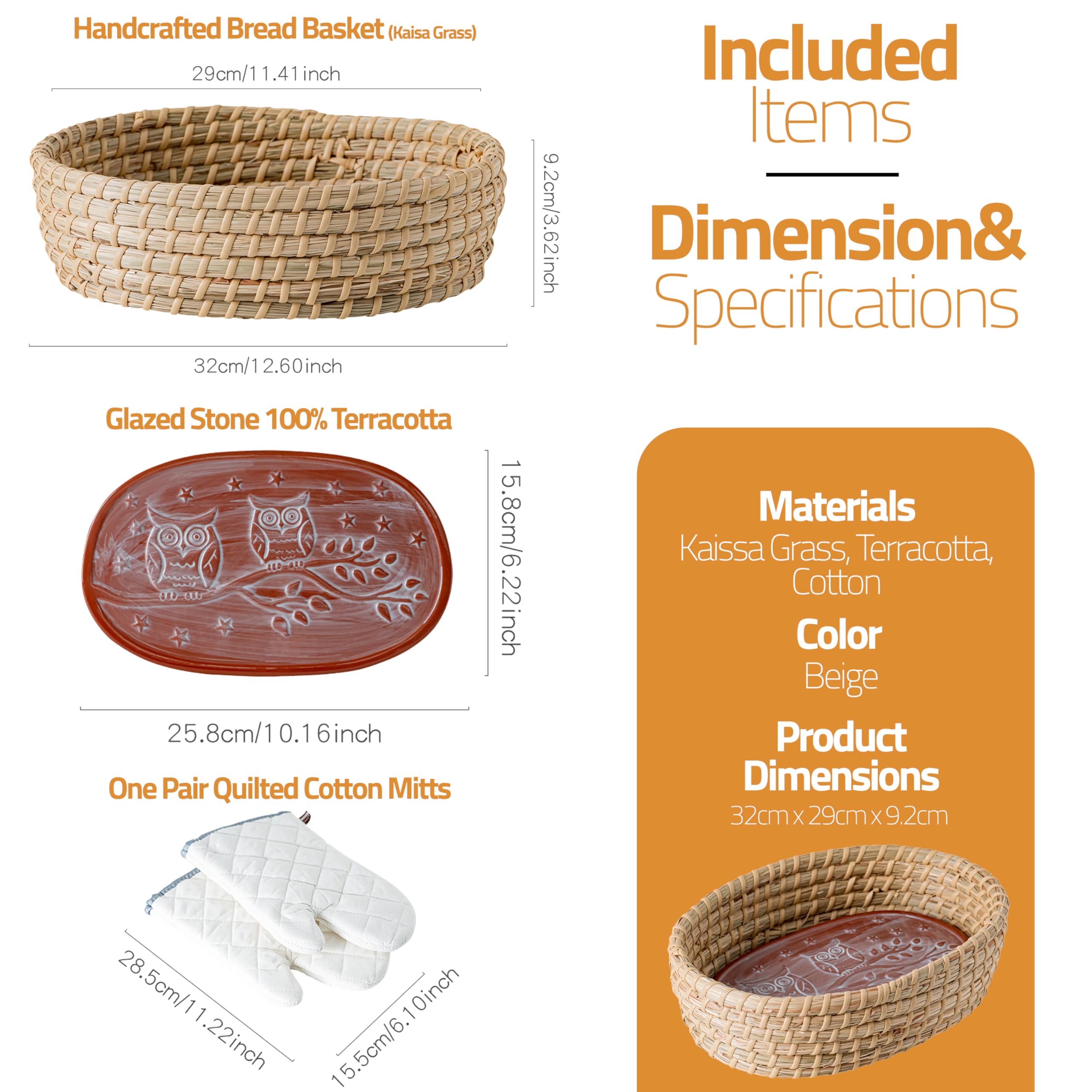 Bread Warmer Basket with Terracotta Stone – Includes Oven Mitts – Keeps Bread Warm – Rustic Gift for Holidays, Housewarming, Dinner Parties – Handwoven Natural Look – Kitchen Table Accessory