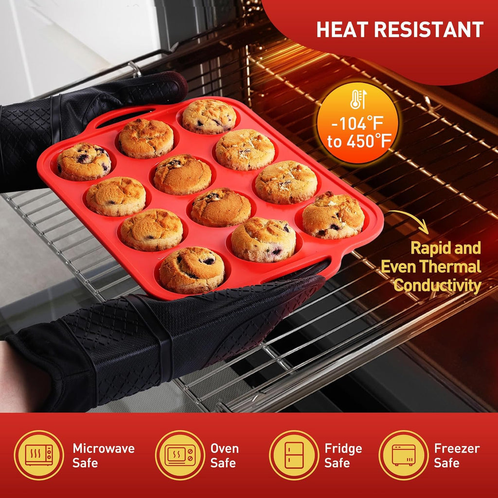 Skiennix Silicone Muffin Pan Set - 12 Cups with Metal Reinforced Frame | Oven & Dishwasher Safe