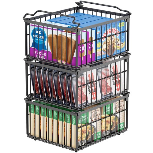 MSERCUOR Freezer Organizer Bins, 3 Pack Big Stackable Deep Chest Freezer Organizer Bins, Foldable Baskets with Handles, Black Storage Container Baskets for 5 to 9 Cu.FT Deep Freezer Sort Frozen Meats