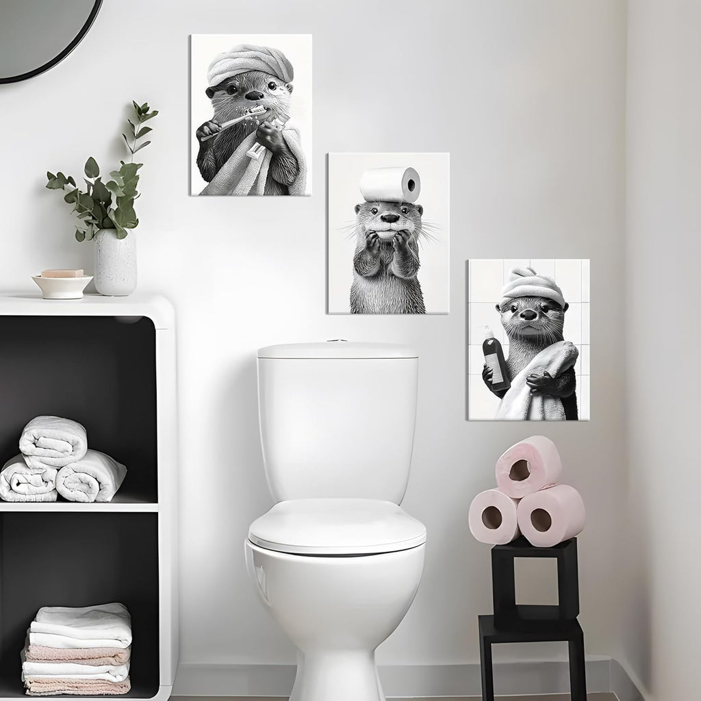 Otter Canvas Wall Art Set by Cute Bathroom | Funny Black and White Decor for Restroom | Ready to Hang 12x16 Inch