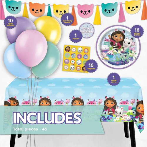 Gabby Dollhouse Party Decorations for Birthday | Serves 16 | Balloons, Banner, Tablecloth, Plates, Napkins, Sticker | Officially Licensed