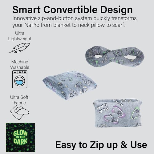NAPRO Kids 3-in-1 Travel Blanket and Pillow Combo, Convertible Infinity Scarf, Lightweight Neck Support for Airplane, Car & Camping, Glow-in-The-Dark - Gamer