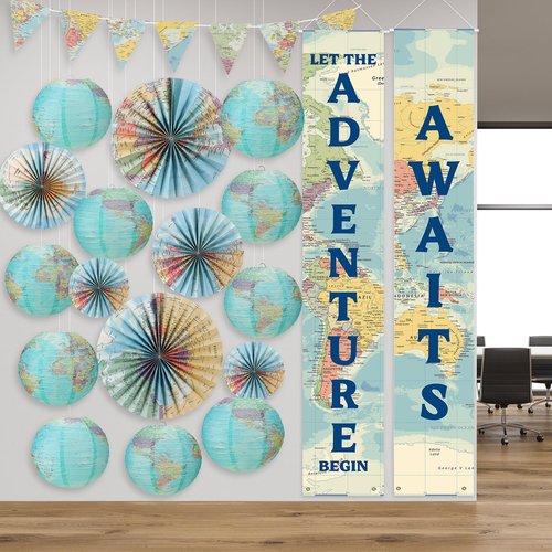 20 Pcs Globe Map Classroom Decorations Travel Party Decors Back to School Hanging Paper Lantern Fans Adventure Awaits Bulletin Board Around The World Party Decorations for Classroom Earth Day Birthday