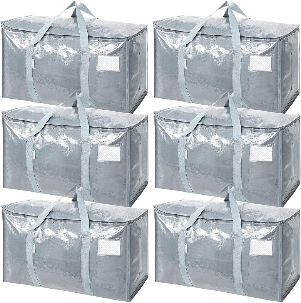 TICONN Extra Large Heavy-Duty Moving Bags - Durable Storage with Zippers & Handles | 6 Pack, Light Grey