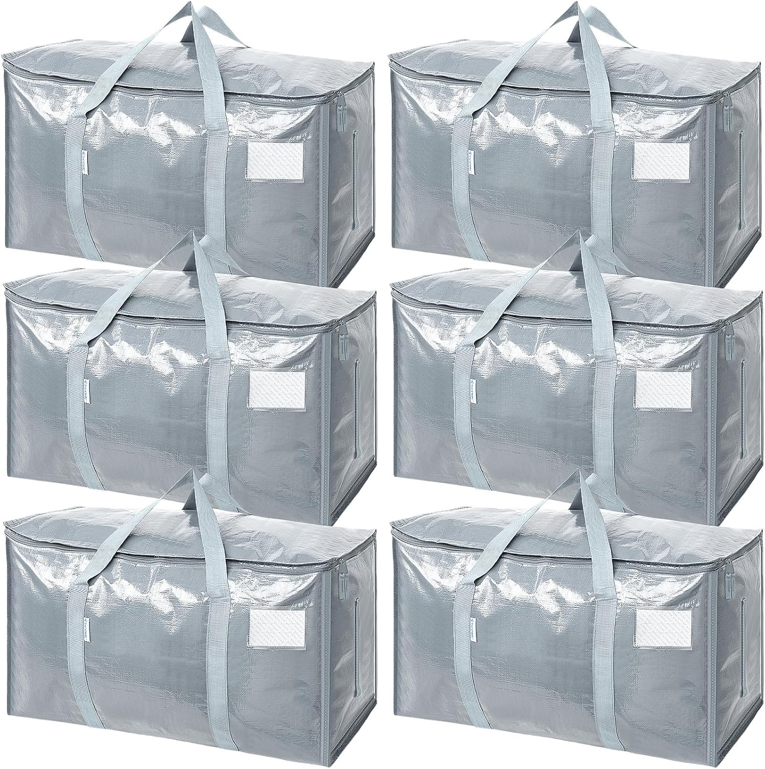 TICONN Extra Large Heavy-Duty Moving Bags - Durable Storage with Zippers & Handles | 6 Pack, Light Grey