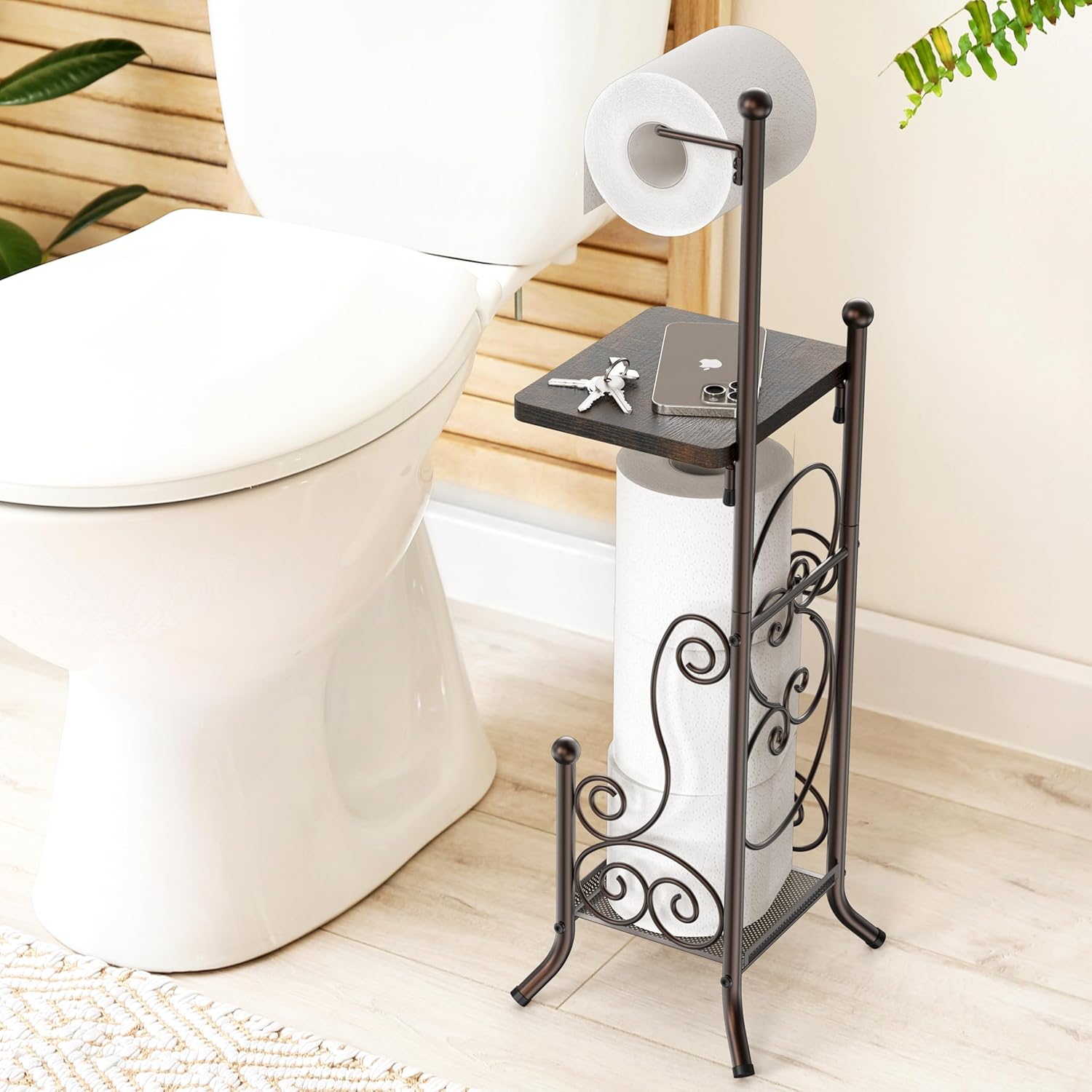 Simple Houseware Toilet Tissue Roll Holder - Stylish Bathroom Stand with Shelf in Bronze Finish
