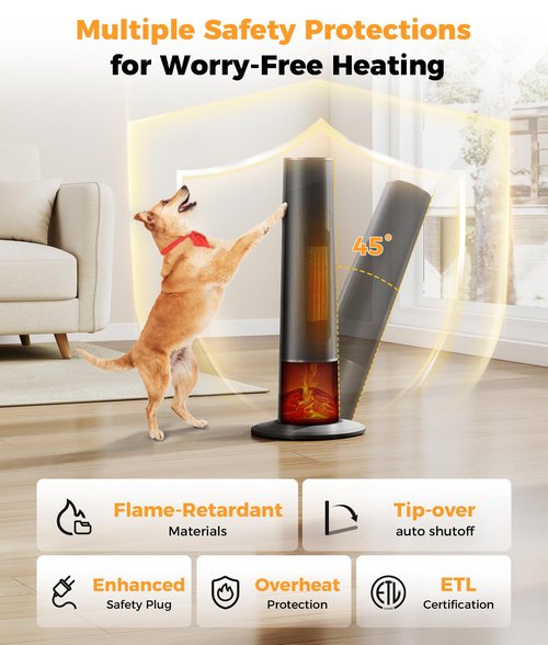 Oylus Tower Heater for Indoor Use - 25" Portable Space Heater with 3D Flame, Remote, Adjustable Thermostat, 2 Heat Modes, Multiple Safety Protection, 12H Timer, Quiet Electric Heater for Large Room