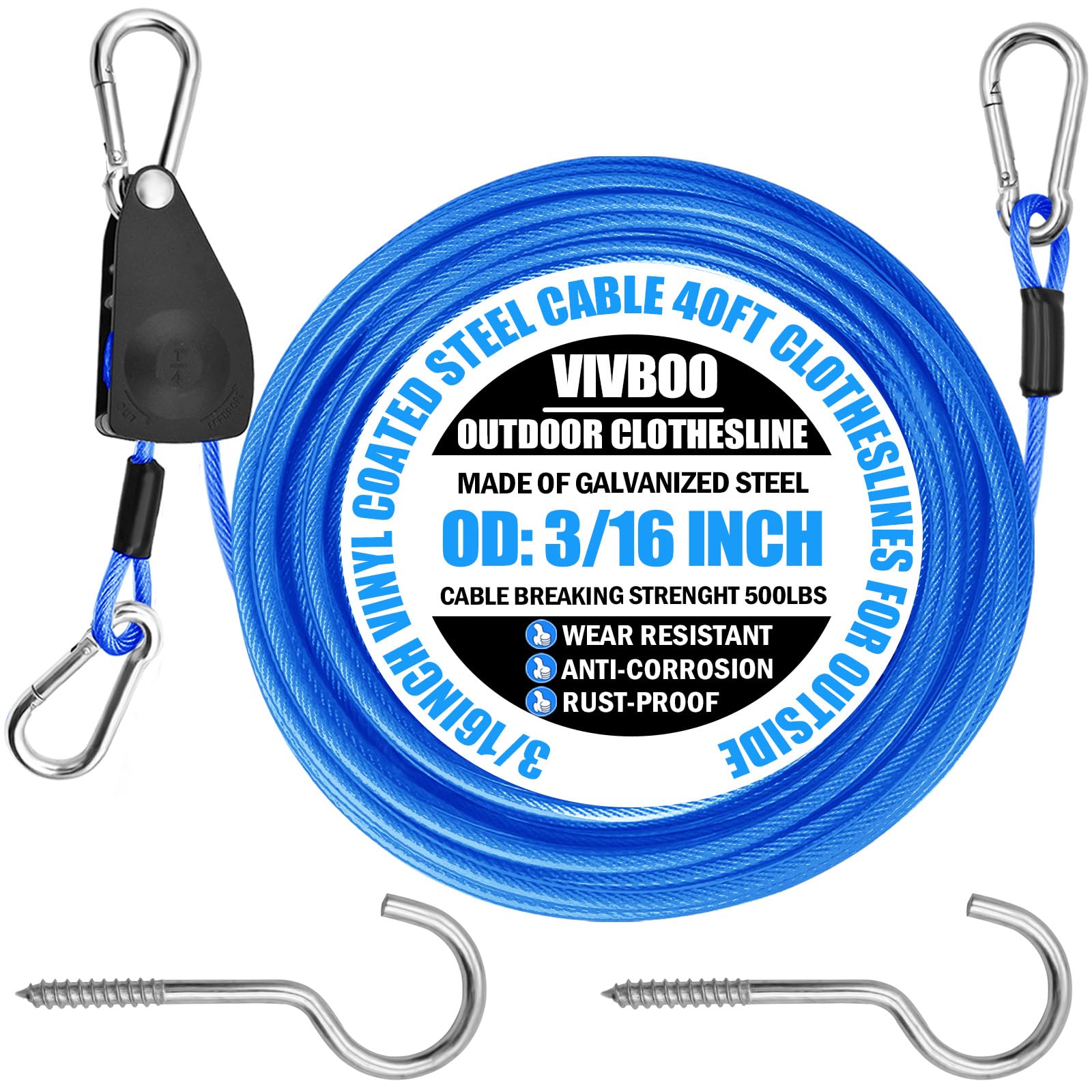 VIVBOO 40ft Clothes Line Outdoors 3/16" Wire Ropes Blue PVC Coating Laundry Drying Clothesline Retractor with Metal Hooks Heavy Duty for Umbrella Travel Outside Camping Backyard