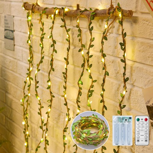 Minetom Vine Fairy Lights Battery Operated: 21ft 60 LED Leaf-Embellished Hemp Rope Fairy Lights with Remote - Twinkle String Lights for Girls Bedroom Dorm Room Wall Decorations