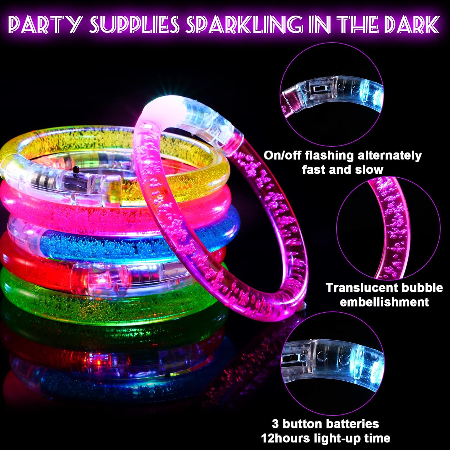 Skiennix 24Pcs Glow In The Dark Party Supplies - LED Bracelets & Glow Sticks for Kids & Adults | Perfect for Birthdays & Festivals