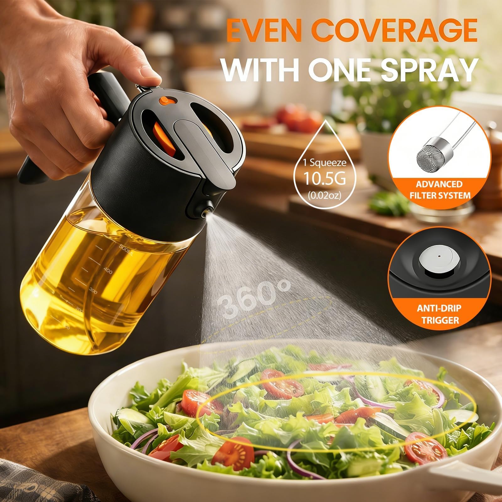 Costop Oil Sprayer for Cooking, 2025 Large Advanced Olive Oil Dispenser Bottle,500ml/17oz Glass Olive Oil Sprayer,2 in 1 Even Spray with Portion Control for Kitchen, Air Fryer, Salad, BBQ - Yellow