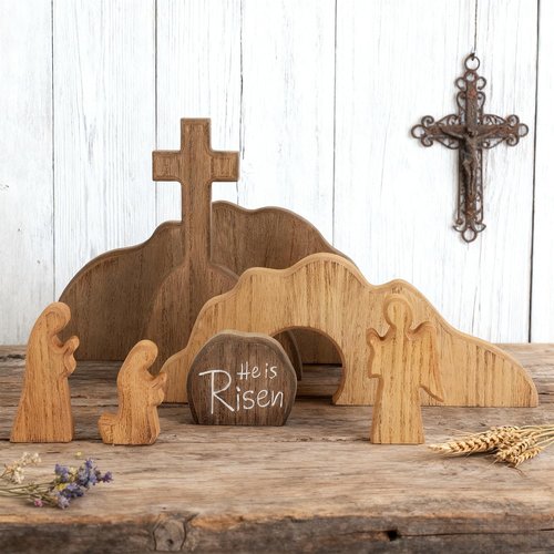 Glintoper Empty Tomb Easter Scene and Cross Decoration, 7pcs Wooden Easter Resurrection Scene Cross Jesus Tomb Tray Set, Tabletop Christian Gifts Jesus Nativity Scene Decor for Religious Home Office