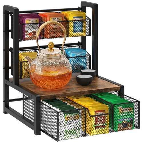 Homode Tea Bag Organizer, 3 Tier Tea Storage Container Box, Wood Tea Station Caddy, Teabag Holder Stand with Drawer Basket, Large Tea Chest Display Rack for Countertop Cabinet Office, Rustic Brown