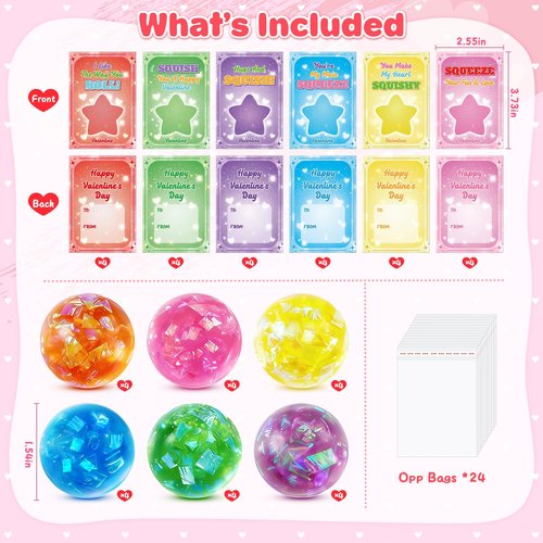 Valentines Day Cards for Kids School - 24 Pack Glitter Stretchy Balls, Valentines Day Gifts for Kids, Squeeze Stress Fidget Toys for Classroom Prize Exchange, Valentine Party Favors for Boys Girls